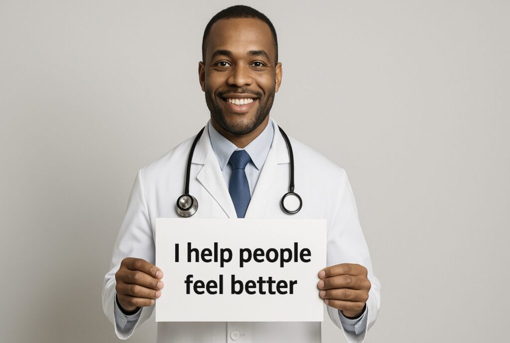 Smiling doctor in a white coat holding a sign that says “I help people feel better,” showing a benefit-driven introduction.